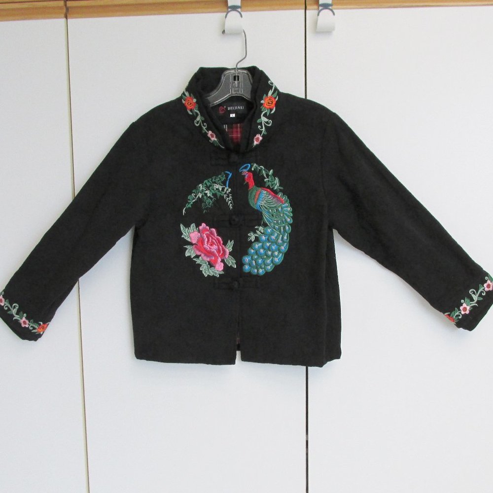 Beijiasi Asian Cotton Lined Short Black Jacket Embroidered Peacock Size L